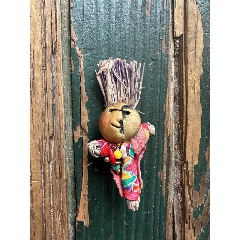 Vintage Handcrafted Folk Art Worry Doll Brooch Gold Face Purple Raffia 4 Inch